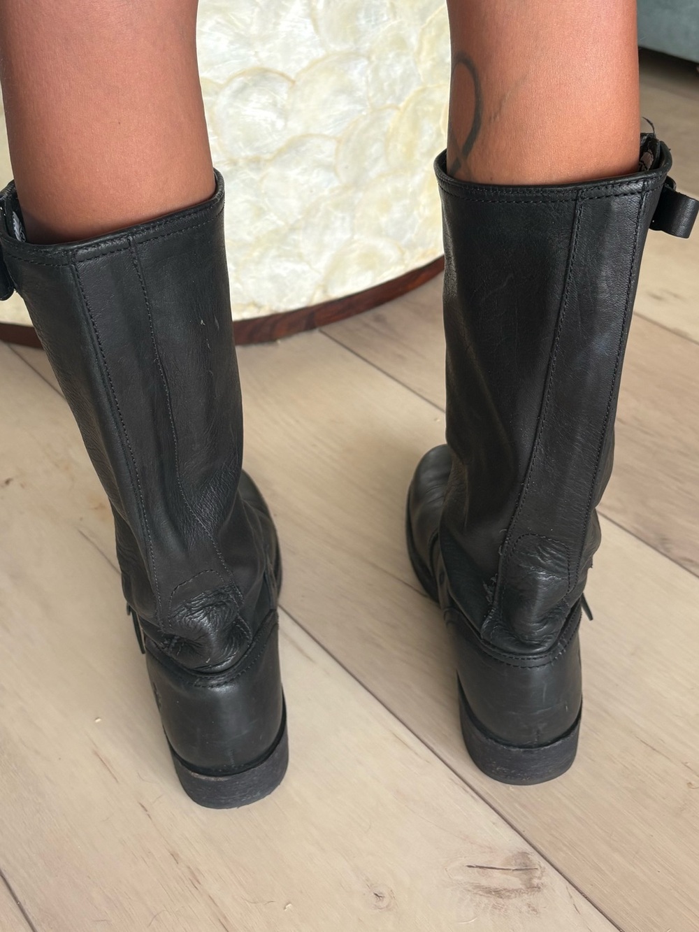 Frye Black Leather Mid-Calf Buckle Moto Boot - Picture 2 of 6